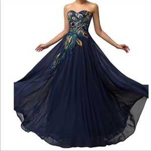 Strapless Peacock Embroider Chiffon Evening Dress